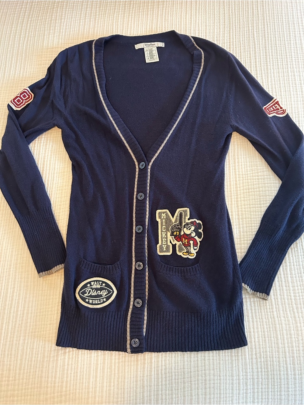 Disney Navy Women's Mickey Patch Button Cardigan with Contrast Trim